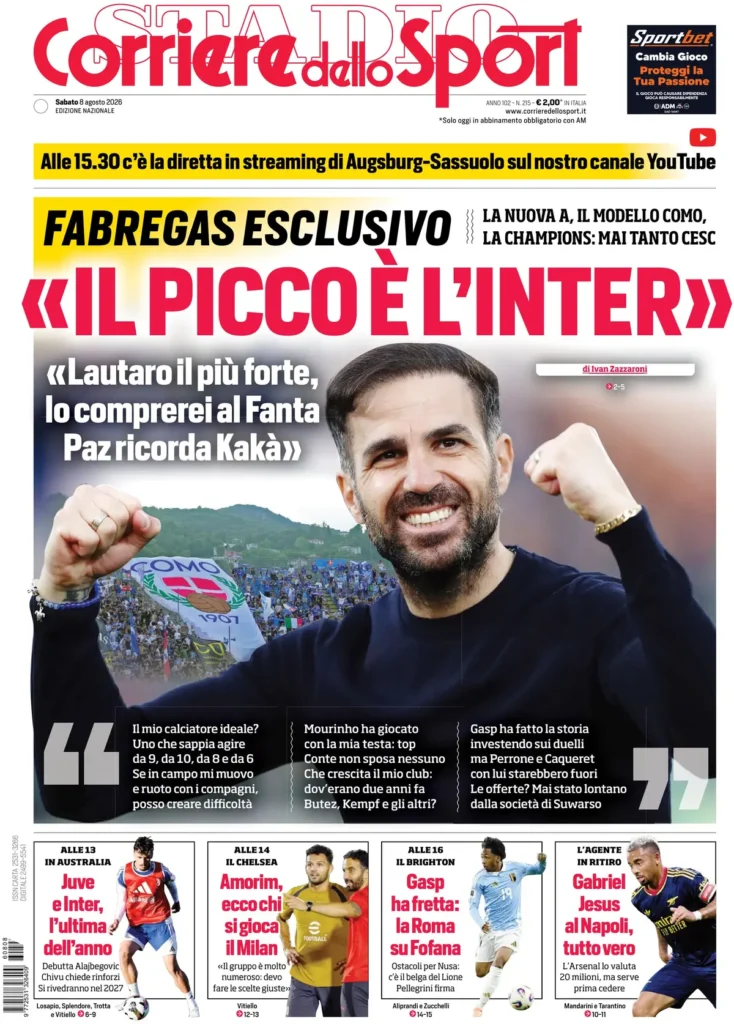 Rassegna stampa Sampdoria: prime pagine quotidiani sportivi - 8 agosto 2026 28 corriere dello sport 02130617p7msu