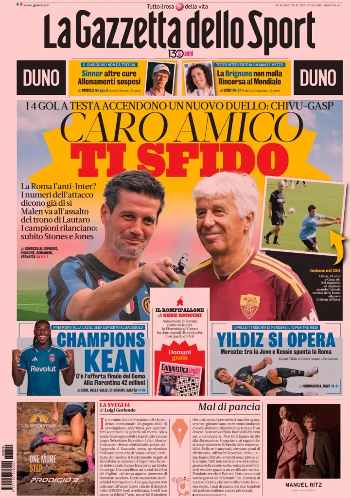 Le prime pagine dei principali quotidiani sportivi – 26 agosto 29 la gazzetta dello sport 021511re346yj