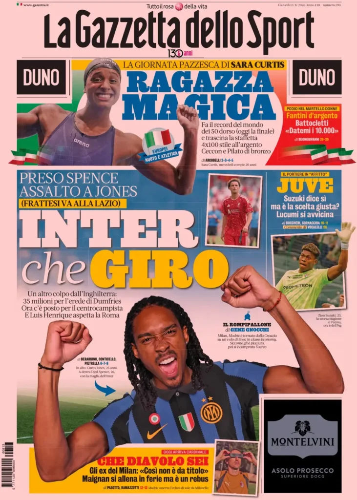 Le prime pagine dei principali quotidiani sportivi – 13 agosto 29 la gazzetta dello sport 0245111j83nmh