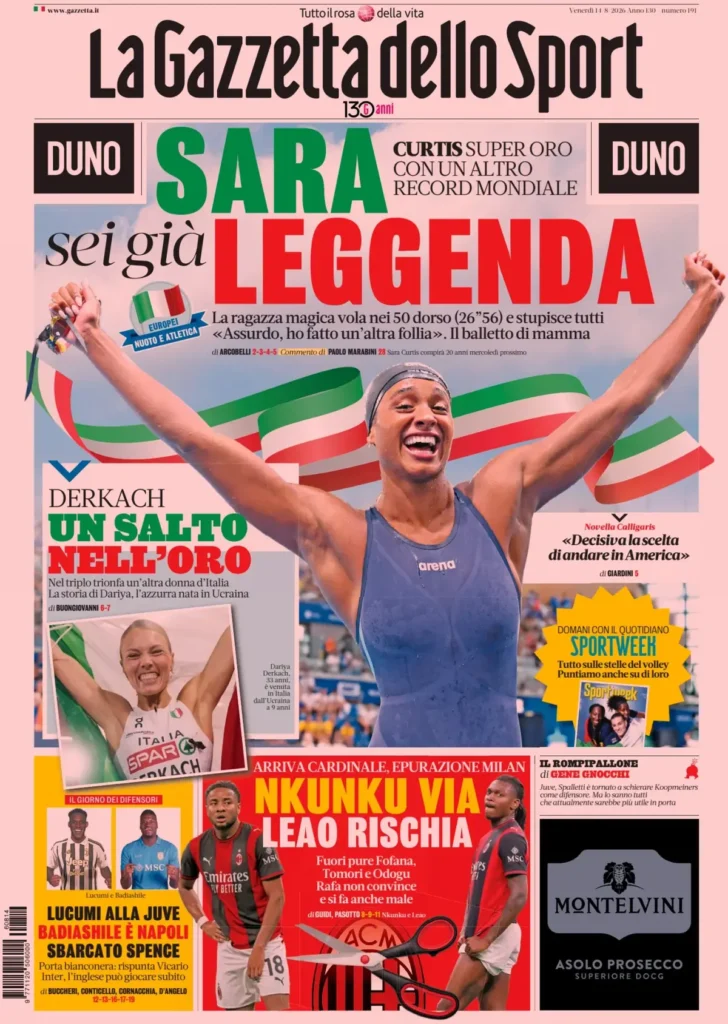 Le prime pagine dei principali quotidiani sportivi – 14 agosto 29 la gazzetta dello sport 024512nw2epgz