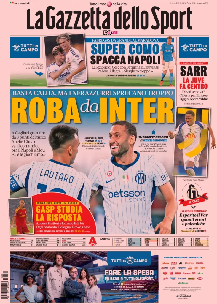 Rassegna stampa Sampdoria: prime pagine quotidiani sportivi - 31 agosto 2026 29 la gazzetta dello sport 030011r2ebfvo