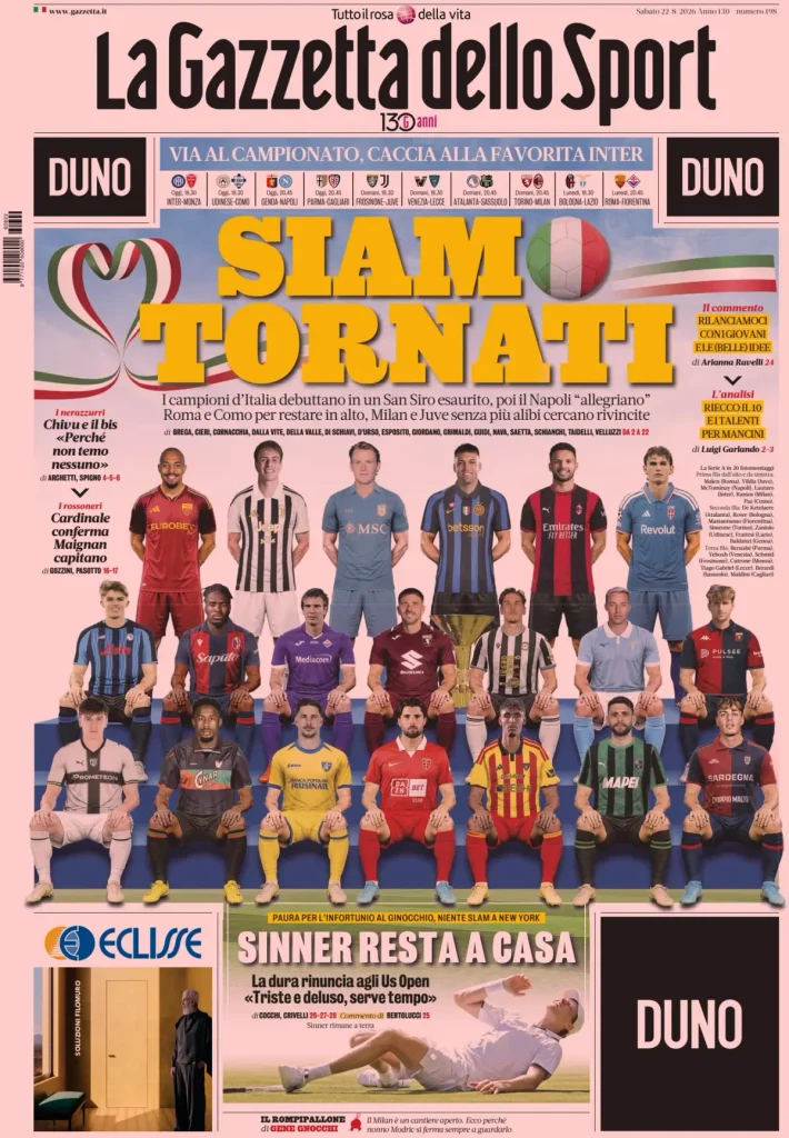 Le prime pagine dei principali quotidiani sportivi – 22 agosto 29 la gazzetta dello sport 030011sf74oo9