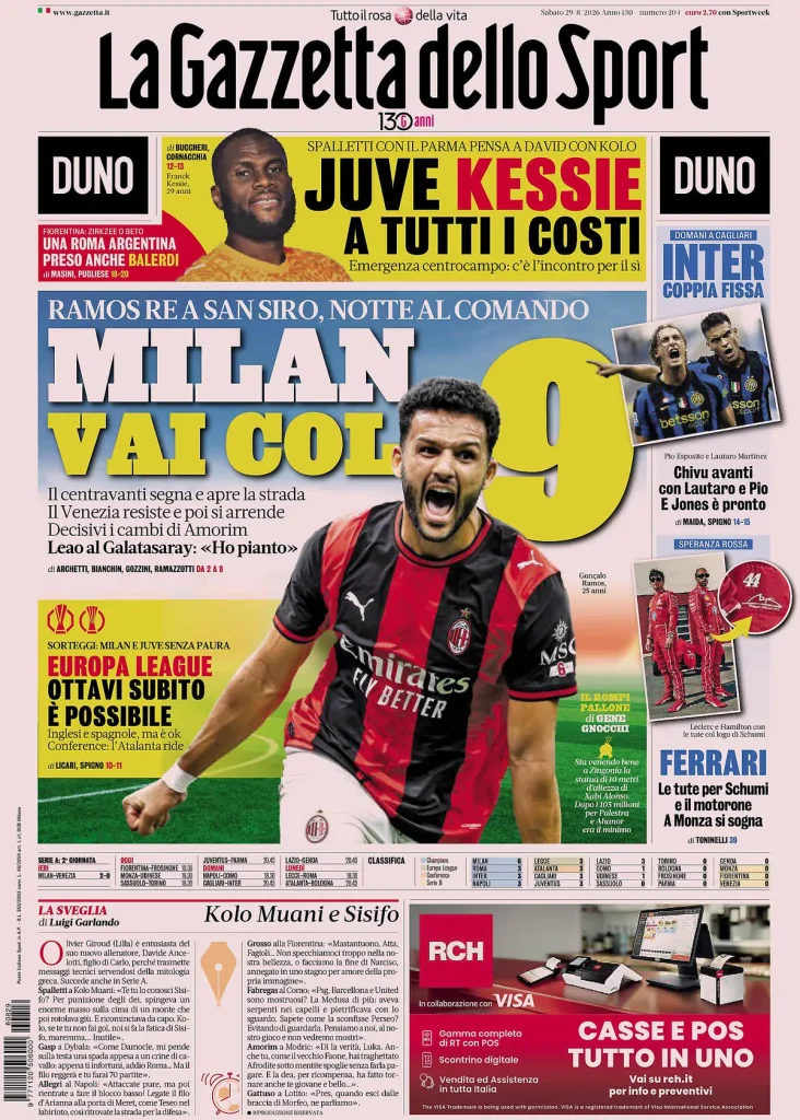 Le prime pagine dei principali quotidiani sportivi – 29 agosto 27 la gazzetta dello sport 0318027gv791e