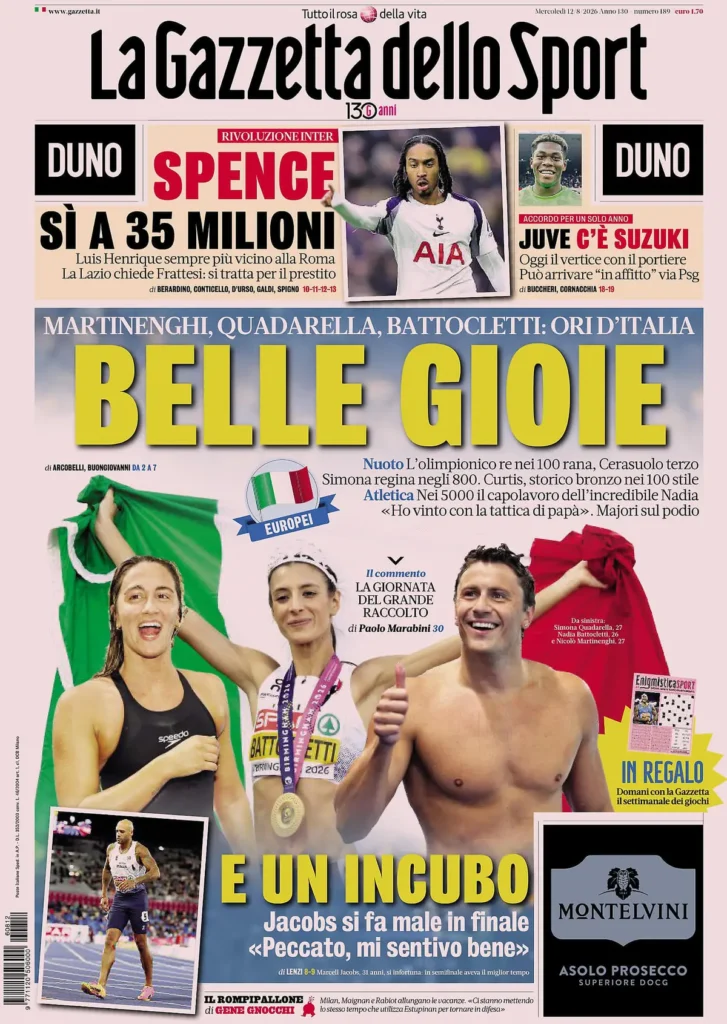 Rassegna stampa Sampdoria: prime pagine quotidiani sportivi - 12 agosto 2026 29 la gazzetta dello sport 03330184x9kne