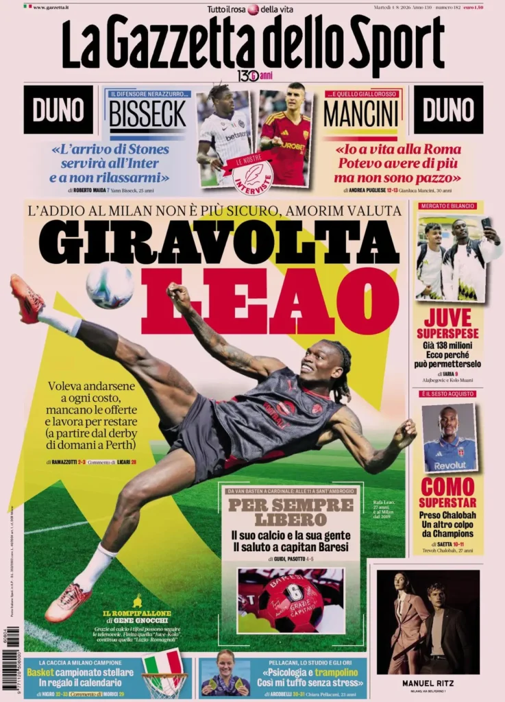 Le prime pagine dei principali quotidiani sportivi – 4 agosto 29 la gazzetta dello sport 033801ehr7lps