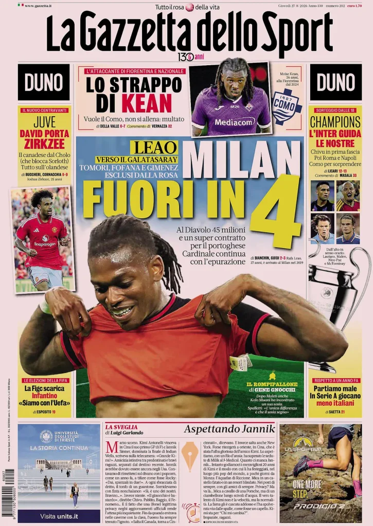 Le prime pagine dei principali quotidiani sportivi – 27 agosto 27 la gazzetta dello sport 0517213zfjib6