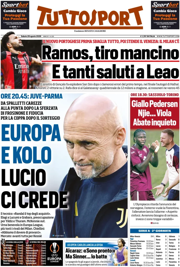Le prime pagine dei principali quotidiani sportivi – 29 agosto 29 tuttosport 020302f2kcs7b