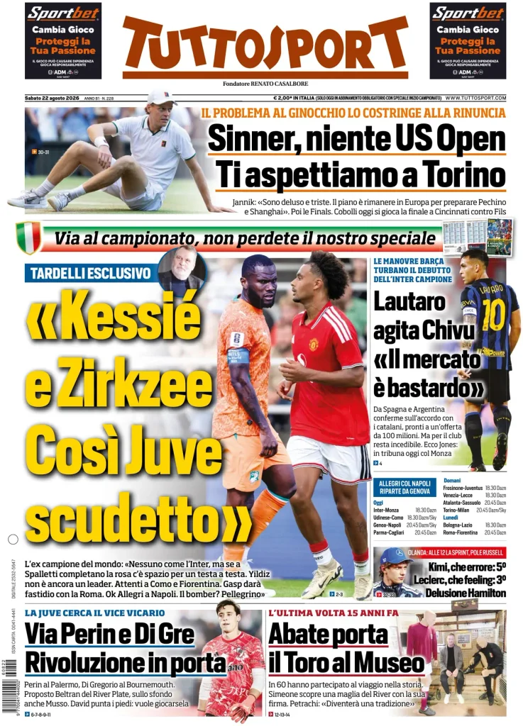 Le prime pagine dei principali quotidiani sportivi – 22 agosto 27 tuttosport 020302tt6bb1a