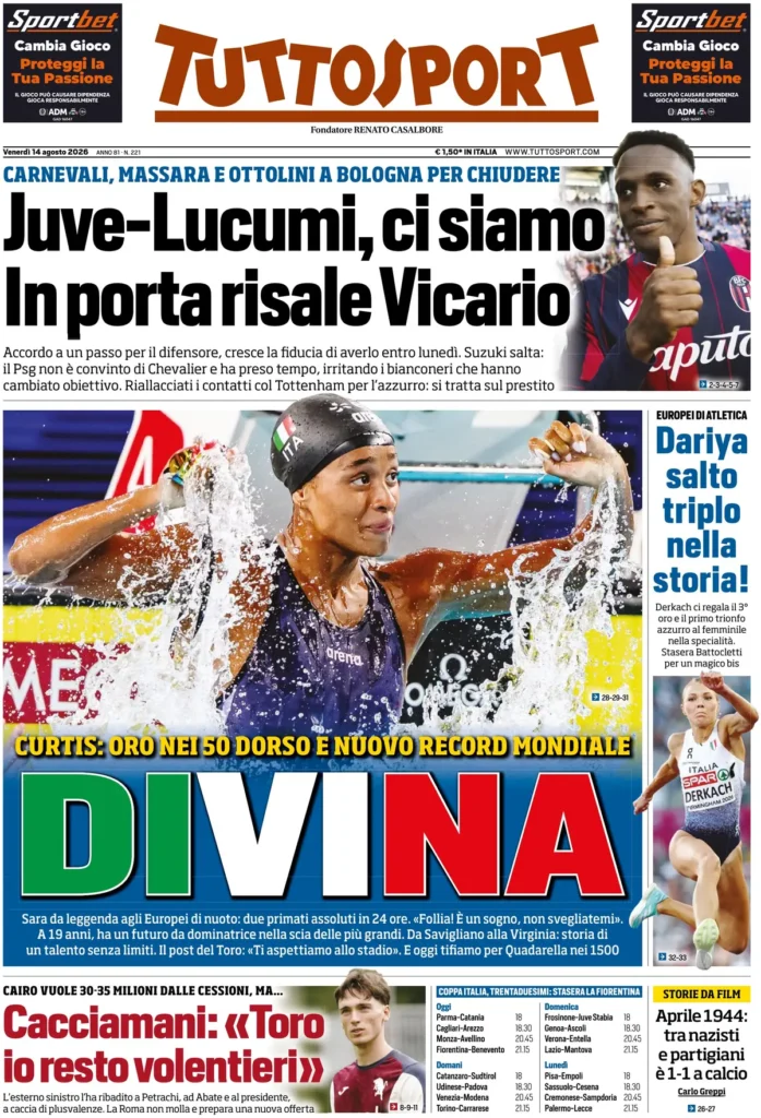 Le prime pagine dei principali quotidiani sportivi – 14 agosto 27 tuttosport 020302xin7j0e