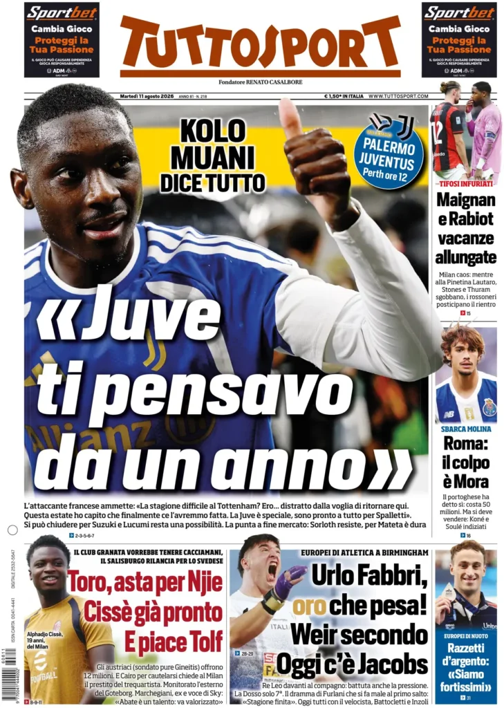 Rassegna stampa Sampdoria: prime pagine quotidiani sportivi - 11 agosto 2026 27 tuttosport 0203030zj70vt