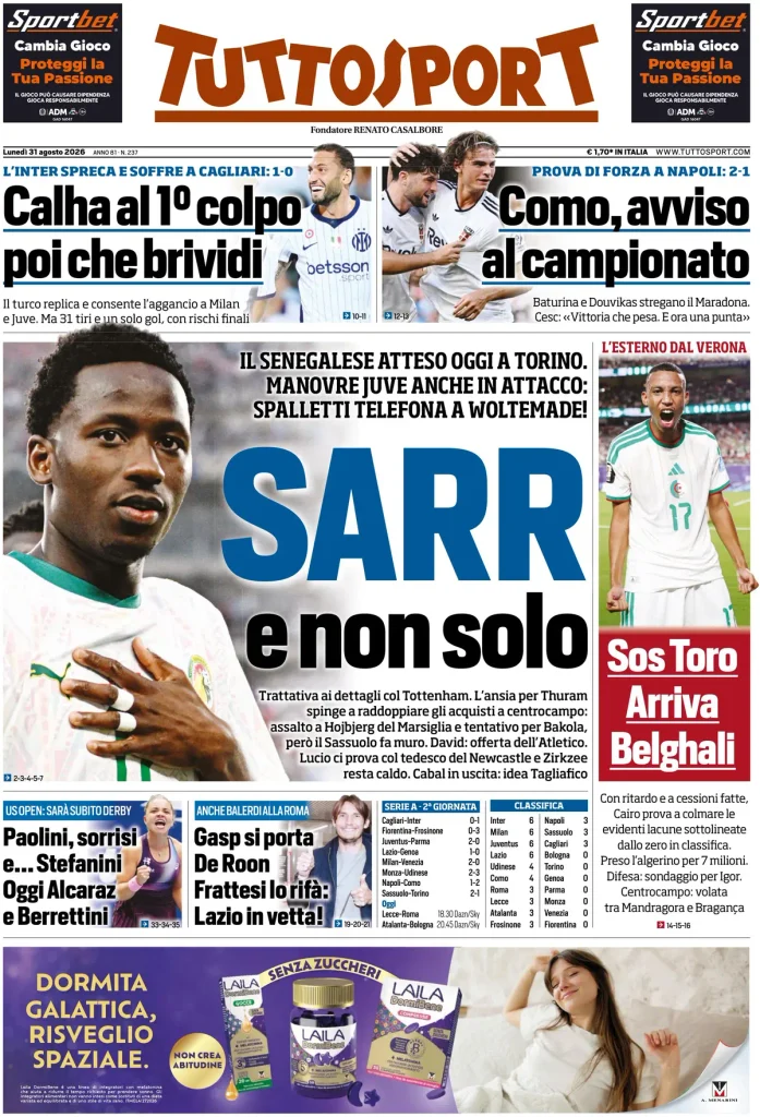 Rassegna stampa Sampdoria: prime pagine quotidiani sportivi - 31 agosto 2026 27 tuttosport 020309qps9cuj