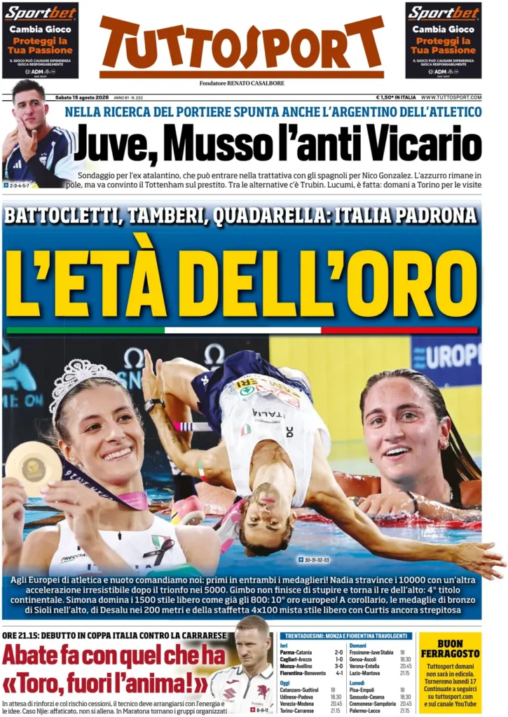 Rassegna stampa Sampdoria: prime pagine quotidiani sportivi - 15 agosto 2026 27 tuttosport 020606c2kc3hk