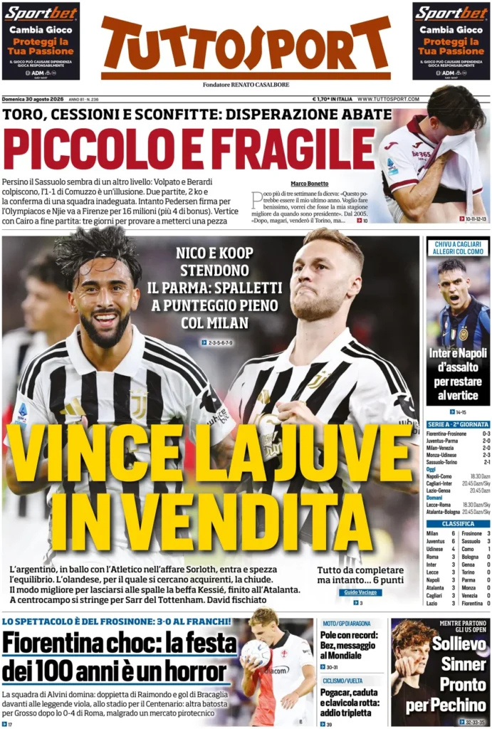 Le prime pagine dei principali quotidiani sportivi – 30 agosto 26 tuttosport 0206134c45t56