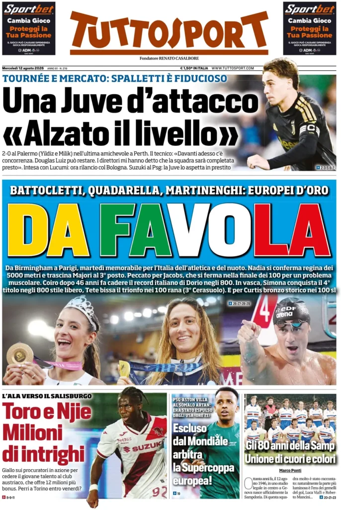 Rassegna stampa Sampdoria: prime pagine quotidiani sportivi - 12 agosto 2026 27 tuttosport 0208016ku387o
