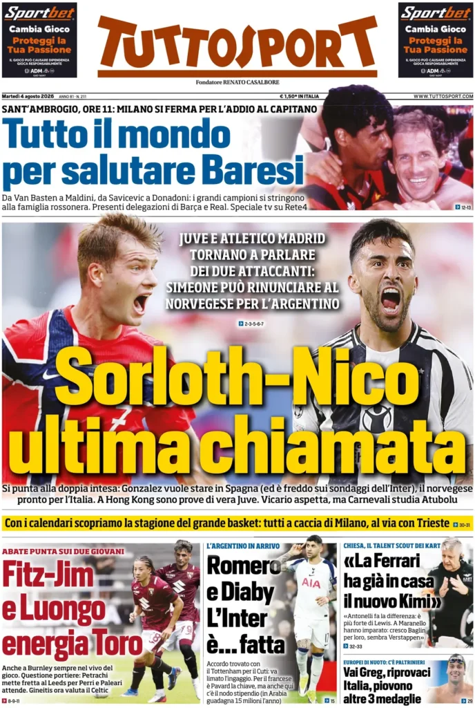 Le prime pagine dei principali quotidiani sportivi – 4 agosto 27 tuttosport 020802rw498uv
