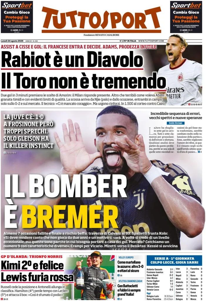 Le prime pagine dei principali quotidiani sportivi – 24 agosto 27 tuttosport 020928jrx5z8v