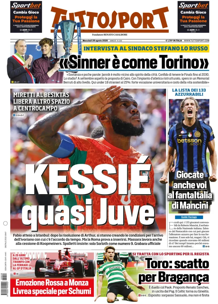Le prime pagine dei principali quotidiani sportivi – 26 agosto 27 tuttosport 0209480gp7s1m