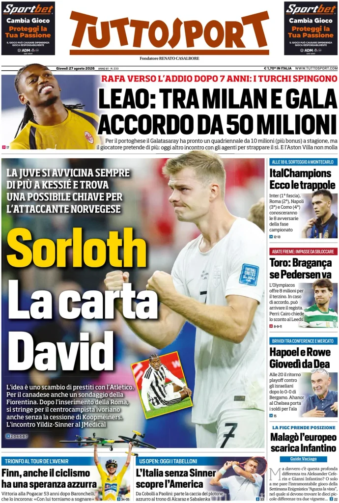 Le prime pagine dei principali quotidiani sportivi – 27 agosto 29 tuttosport 02444113j4r0u