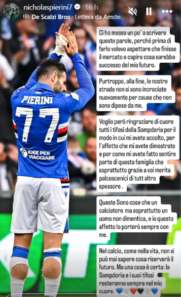 Pierini saluta i tifosi della Sampdoria: «Resterete sempre nel mio cuore» 27 POST SOCIAL PIERINI 1