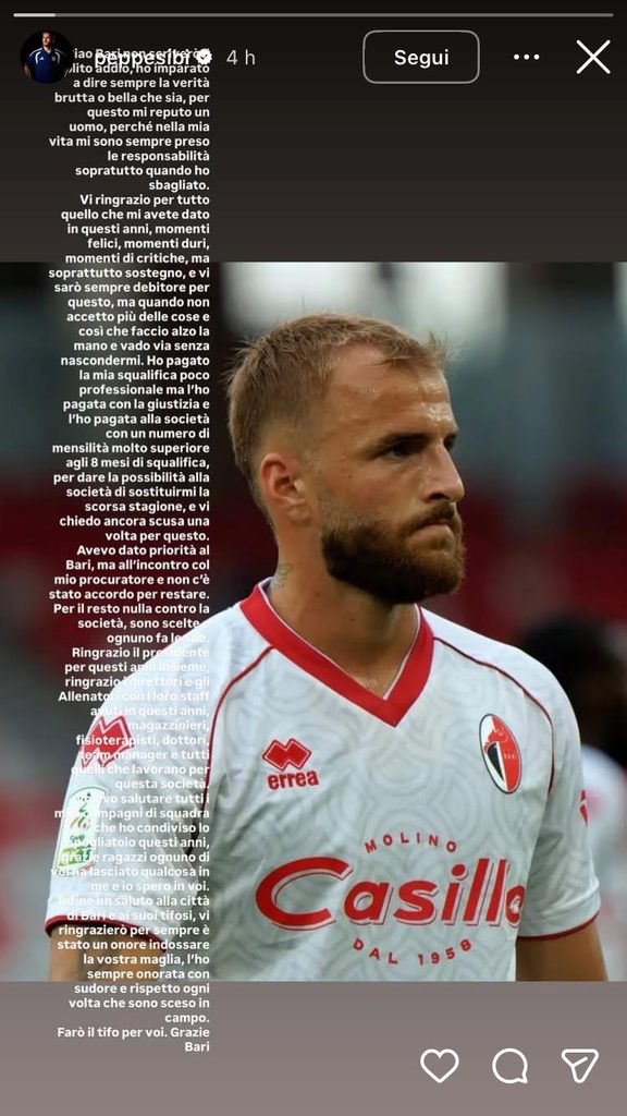 Ex Sampdoria, Sibilli: «Ciao Bari, vi ringrazio per tutto quello che mi avete dato! Farò il tifo per voi» 27 WhatsApp Image 2026 09 07 at 15.34.19