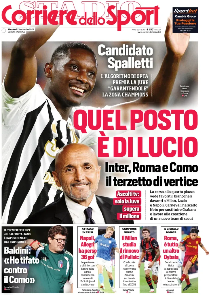 Le prime pagine dei principali quotidiani sportivi – 23 settembre 3 corri