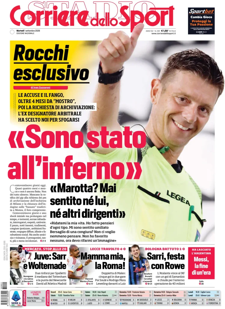 Le prime pagine dei principali quotidiani sportivi – 1 settembre 28 corriere dello sport 0203079dr3ush