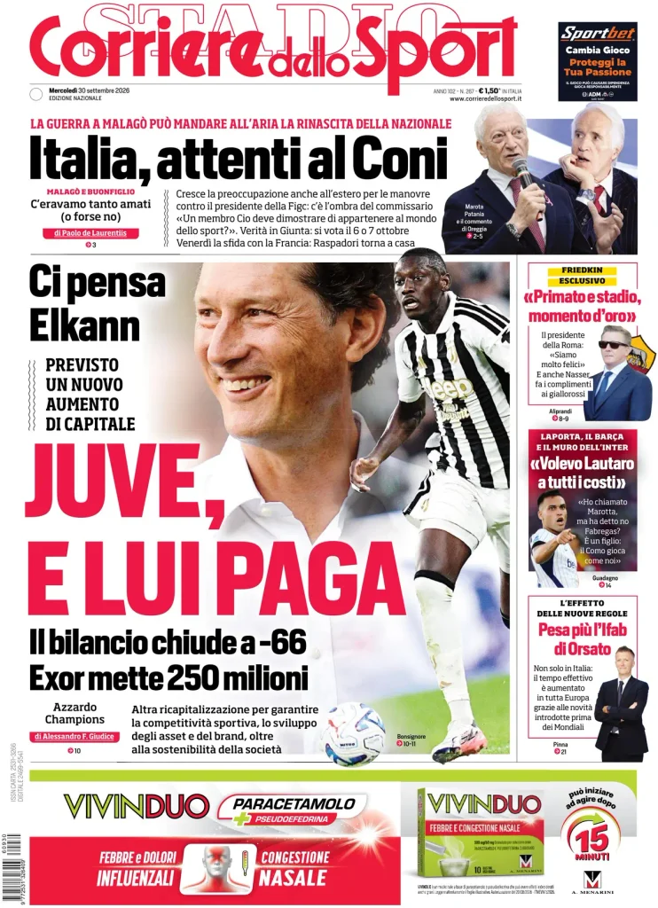 Rassegna stampa Sampdoria: prime pagine quotidiani sportivi - 30 settembre 2026 3 corriere dello sport 020308h0n3yjo