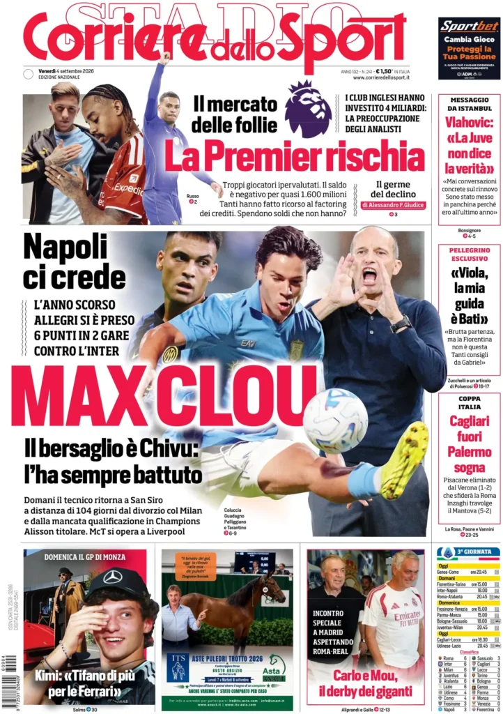 Le prime pagine dei principali quotidiani sportivi – 4 settembre 28 corriere dello sport 020309de3cst1