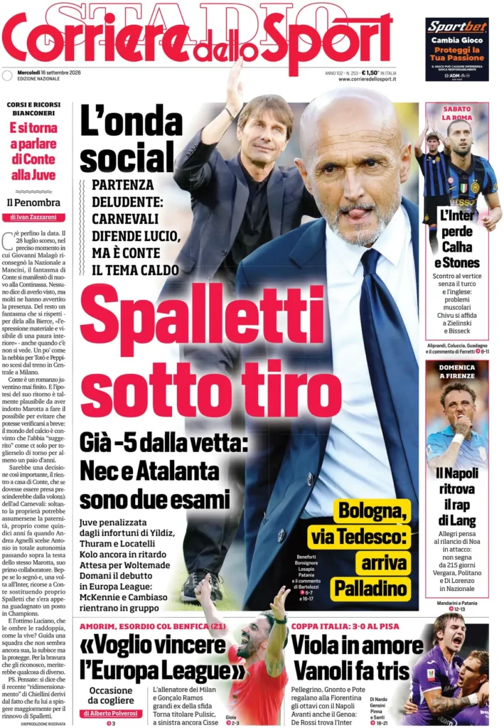 Le prime pagine dei principali quotidiani sportivi – 16 settembre 3 corriere dello sport 020311eww5sfw