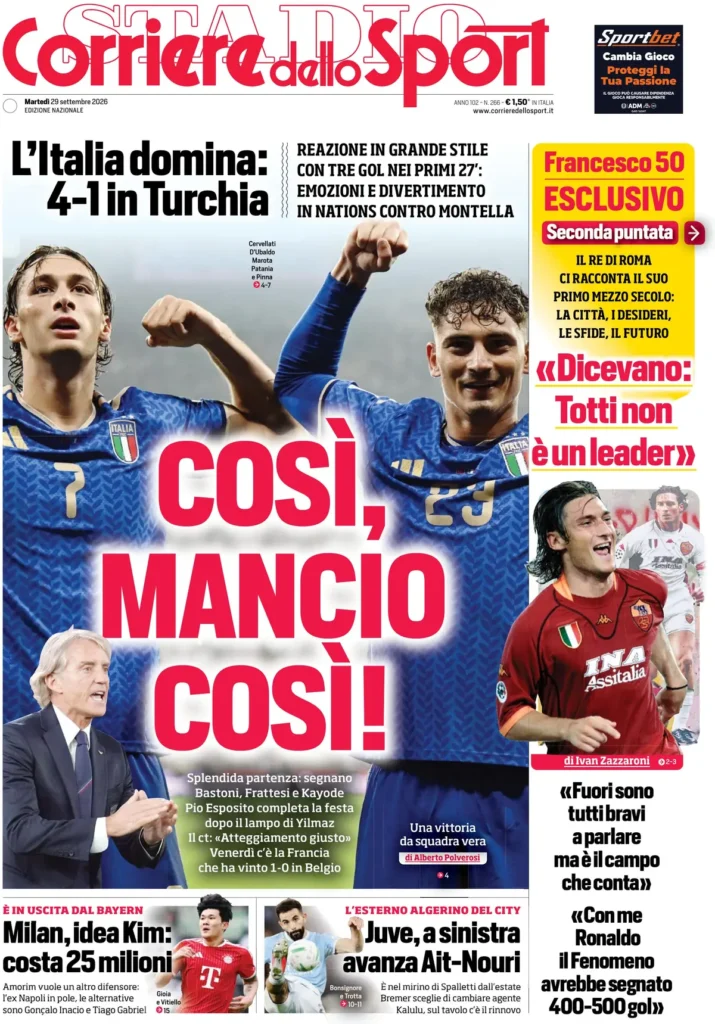 Le prime pagine dei principali quotidiani sportivi – 29 settembre 3 corriere dello sport 020312hju34m1