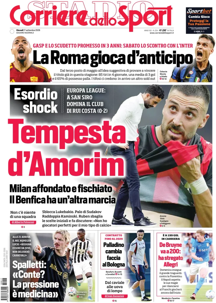 Le prime pagine dei principali quotidiani sportivi – 17 settembre 3 corriere dello sport 020313bwsw1l0