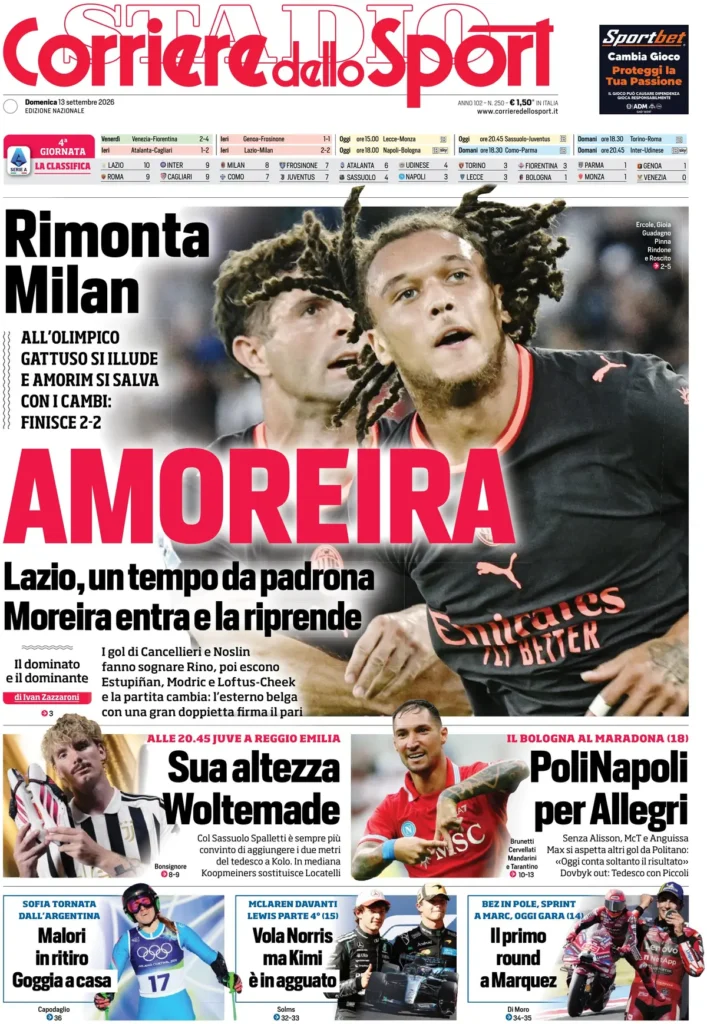 Le prime pagine dei principali quotidiani sportivi – 13 settembre 3 corriere dello sport 0204229cyd0m7