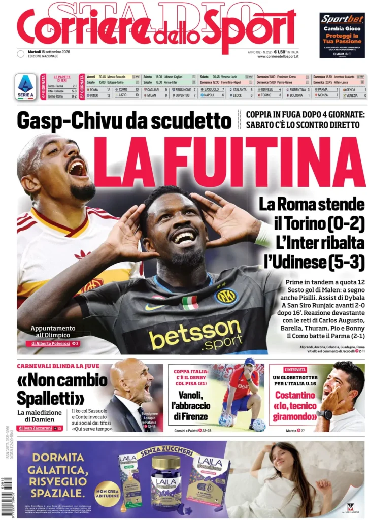Le prime pagine dei principali quotidiani sportivi – 15 settembre 3 corriere dello sport 020425yyv9ar3