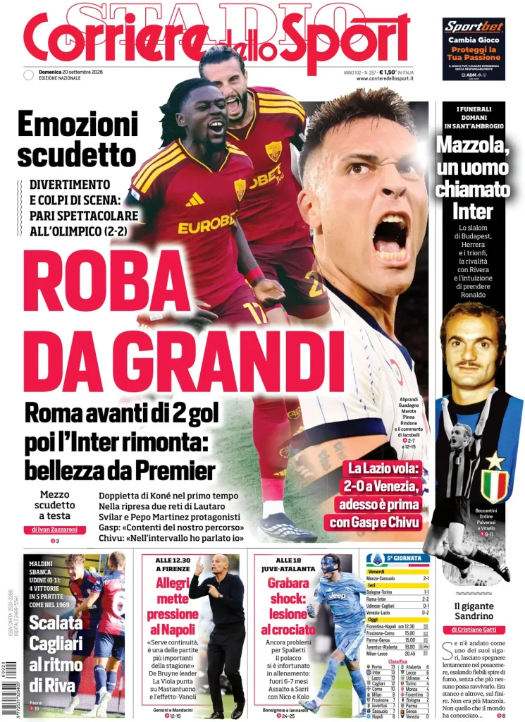 Rassegna stampa Sampdoria: prime pagine quotidiani sportivi - 20 settembre 2026 3 corriere dello sport 020707b97574k