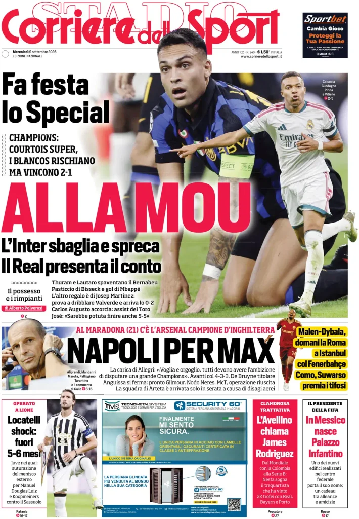 Le prime pagine dei principali quotidiani sportivi – 9 settembre 28 corriere dello sport 0208191nq2l0r