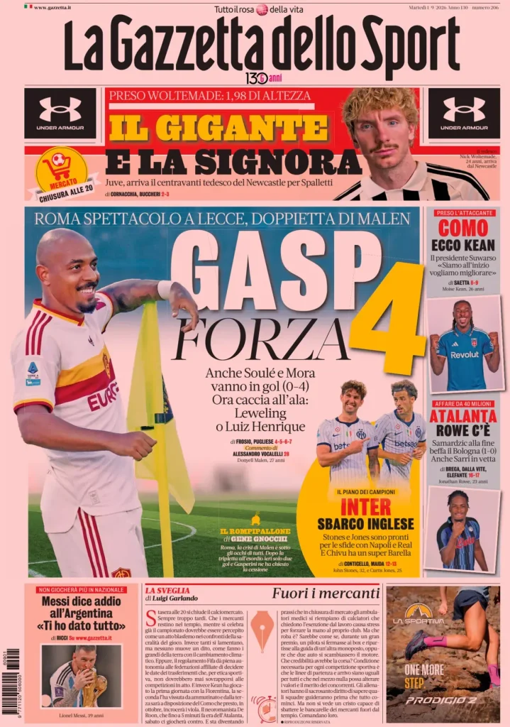 Le prime pagine dei principali quotidiani sportivi – 1 settembre 27 la gazzetta dello sport 023011mr03kxy