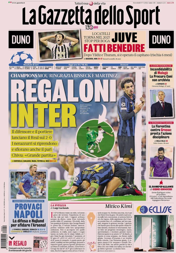 Le prime pagine dei principali quotidiani sportivi – 9 settembre 27 la gazzetta dello sport 0315173qw1un3