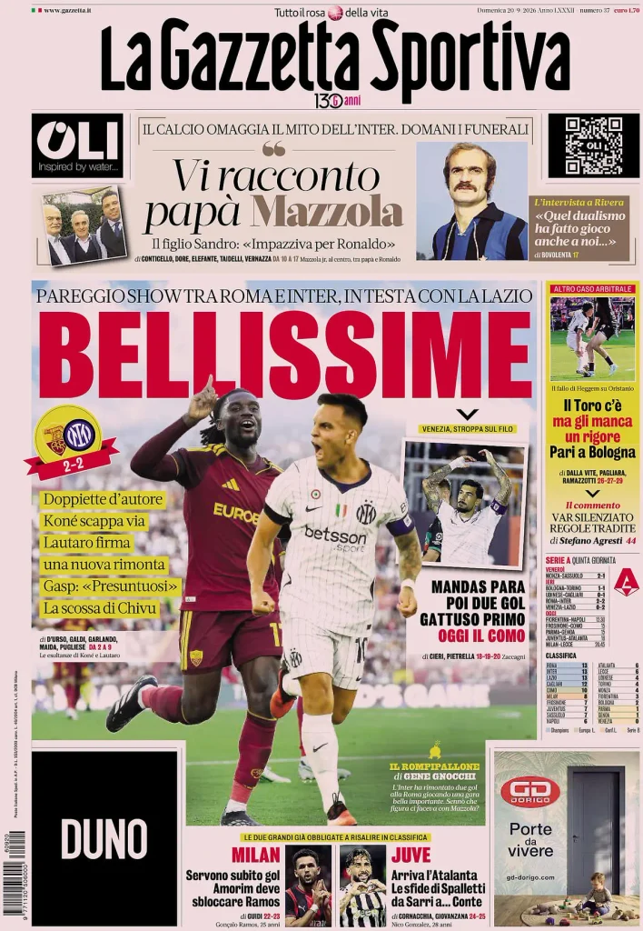 Rassegna stampa Sampdoria: prime pagine quotidiani sportivi - 20 settembre 2026 4 la gazzetta dello sport 031806ewo6knm