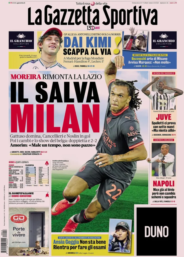 Le prime pagine dei principali quotidiani sportivi – 13 settembre 4 la gazzetta dello sport 0319320893zs3