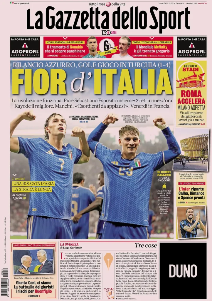 Le prime pagine dei principali quotidiani sportivi – 29 settembre 2 la gazzetta dello sport 031947mm1dk0y