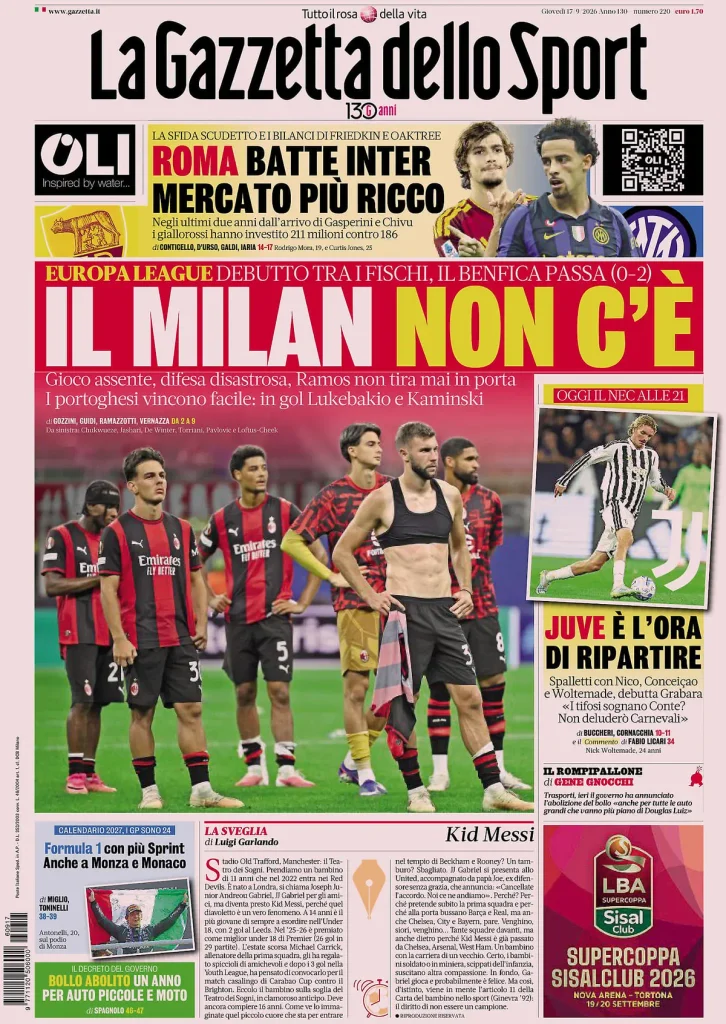 Le prime pagine dei principali quotidiani sportivi – 17 settembre 2 la gazzetta dello sport 032301doj1erl