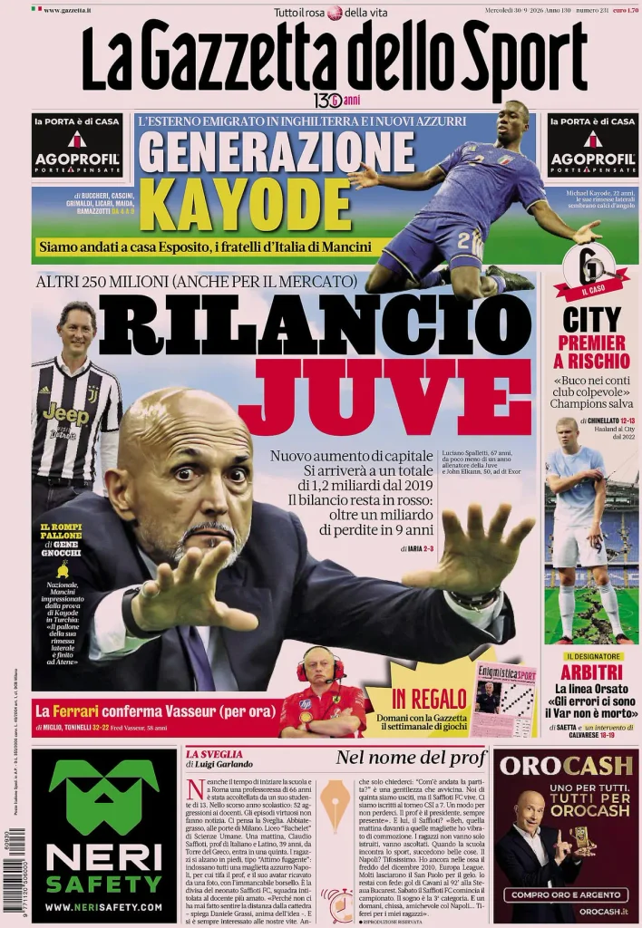 Rassegna stampa Sampdoria: prime pagine quotidiani sportivi - 30 settembre 2026 4 la gazzetta dello sport 032338u15ar2x