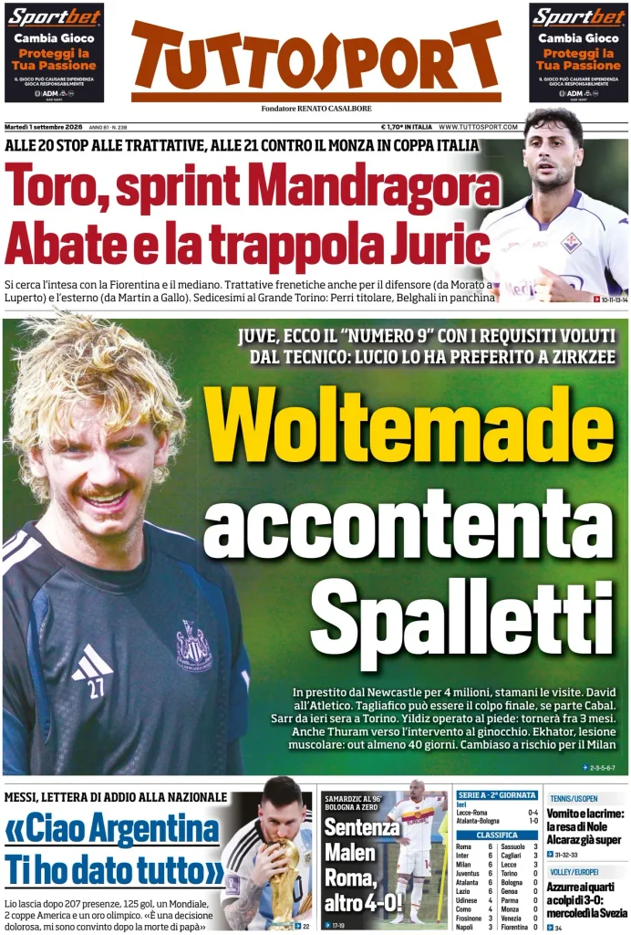 Le prime pagine dei principali quotidiani sportivi – 1 settembre 29 tuttosport 020301ont4i3j