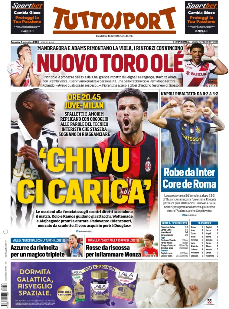 Rassegna stampa Sampdoria: prime pagine quotidiani sportivi - 6 settembre 2026 27 tuttosport 020301vrce3f6