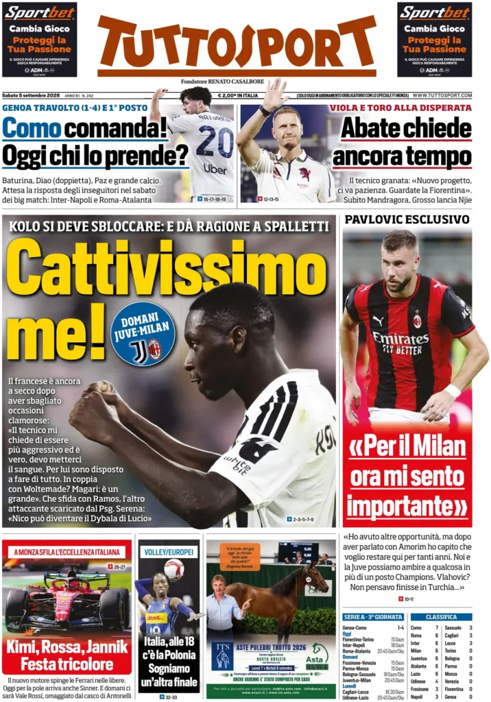 Le prime pagine dei principali quotidiani sportivi – 5 settembre 27 tuttosport 02030215t54zt