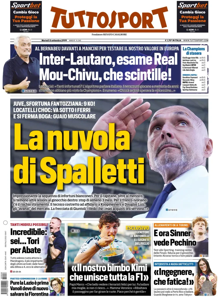 Le prime pagine dei principali quotidiani sportivi – 8 settembre 27 tuttosport 020302burbp2r