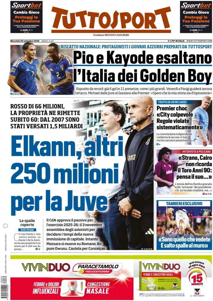 Rassegna stampa Sampdoria: prime pagine quotidiani sportivi - 30 settembre 2026 2 tuttosport 020303iqjc3kh