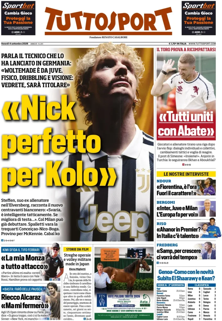 Le prime pagine dei principali quotidiani sportivi – 4 settembre 29 tuttosport 020303u5bf59r