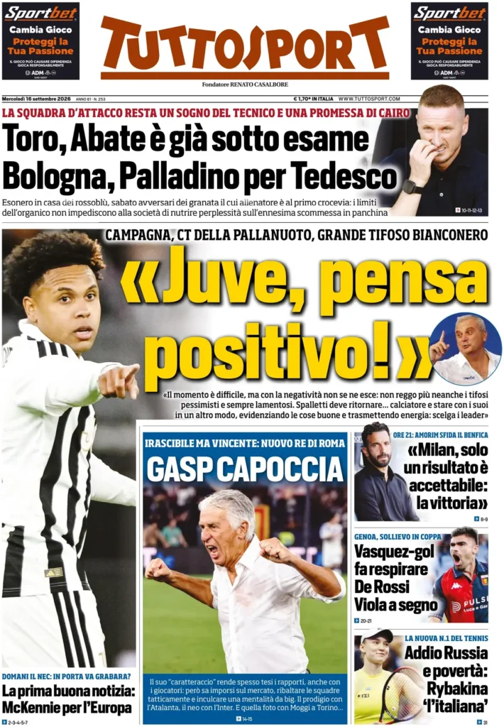 Le prime pagine dei principali quotidiani sportivi – 16 settembre 4 tuttosport 020306j20aucm