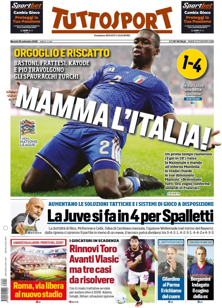 Le prime pagine dei principali quotidiani sportivi – 29 settembre 4 tuttosport 020307c367597